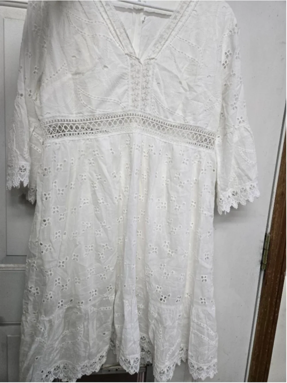 Women's Boho Dress White Eyelet Mini Dress XL